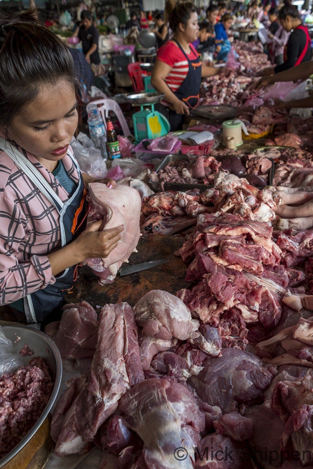 Meat stall in a morning market, Vientiane, Laos