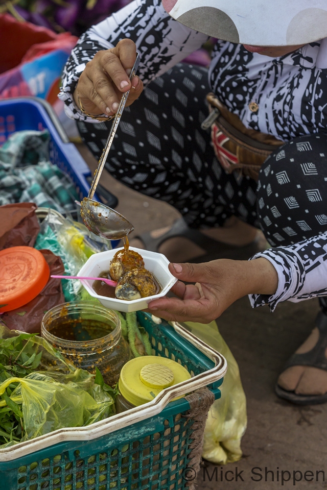 Vendor in the market preparing duck embryo, Vientiane, Laos
