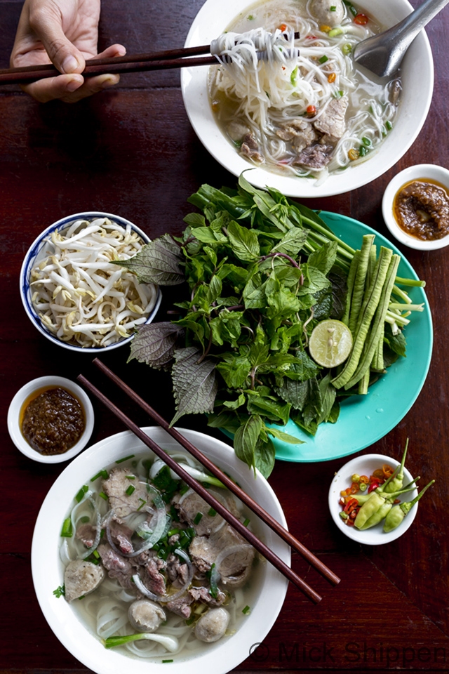 Beef noodle soup and condiments, Vientiane, Laos