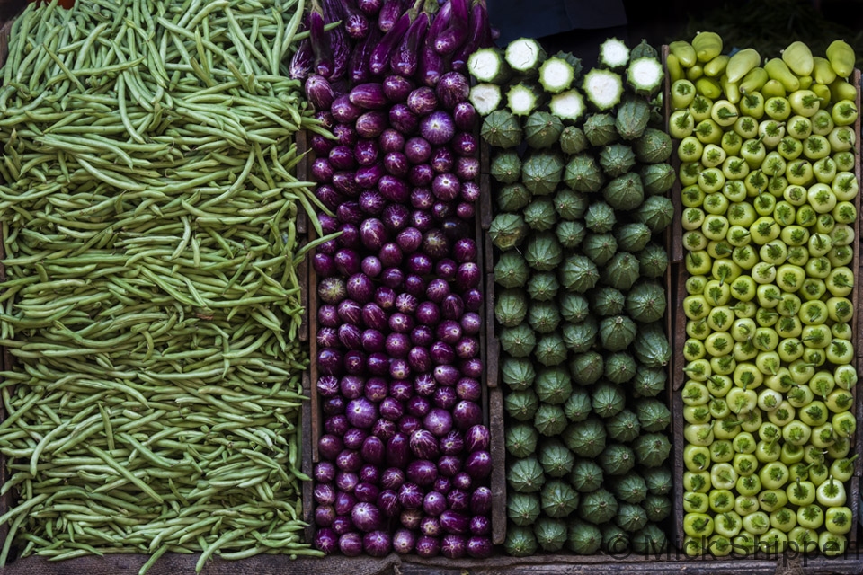 Stack of vegetables at a market stall, Kandy, Sri Lanka