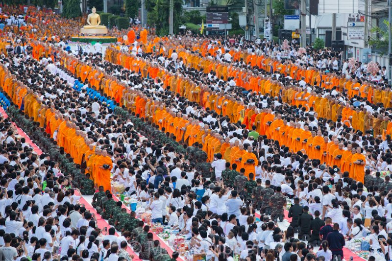 Alms giving for 12,000 Buddhist monks in central Bangkok