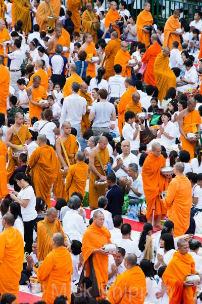 Alms giving for 12,000 Buddhist monks in central Bangkok